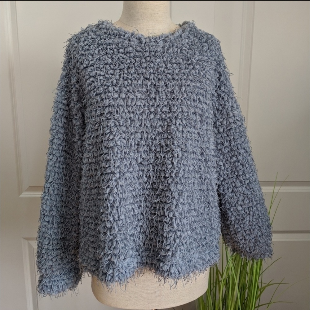 Vince Camuto Top Textured Eyelash Pullover Mock Neck Long Sleeve Grey Blue M NWT